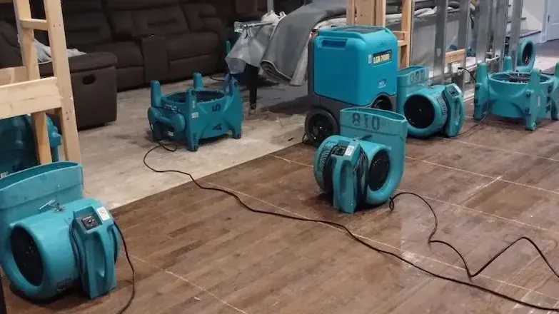 Air movers and an LGR dehumidifier drying a room